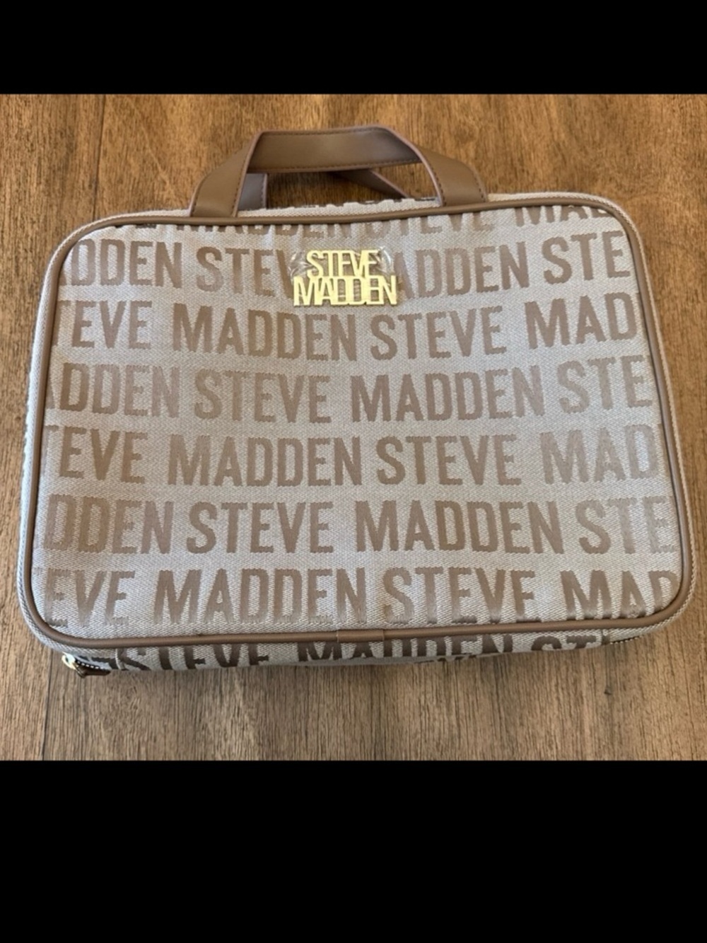 Steve Madden Beige Logo-Print Toiletry Bag with Gold Plaque